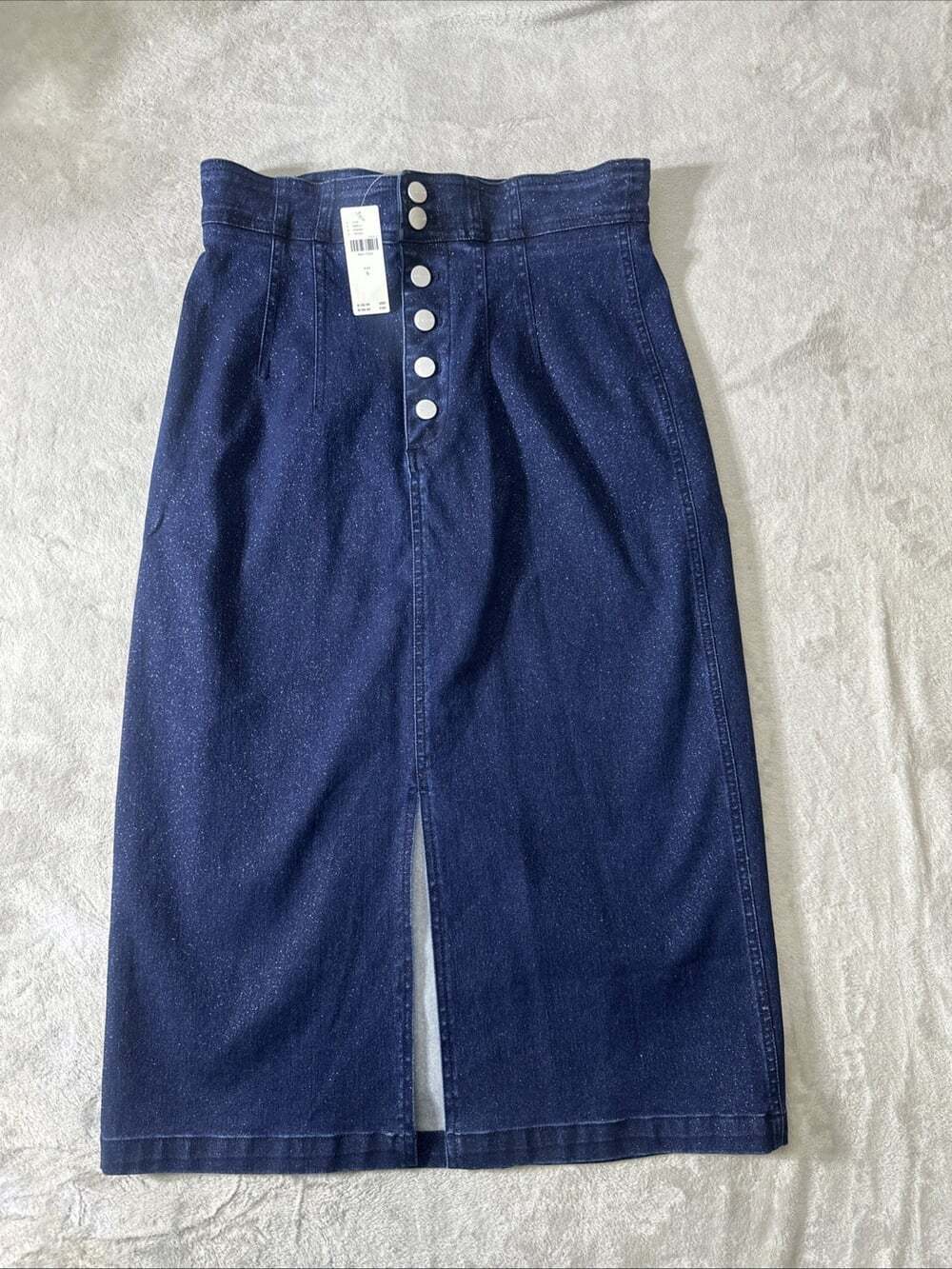 Pilcro Anthropologie Sparkle Denim Midi Pencil Skirt Indigo Button Front NWT 6